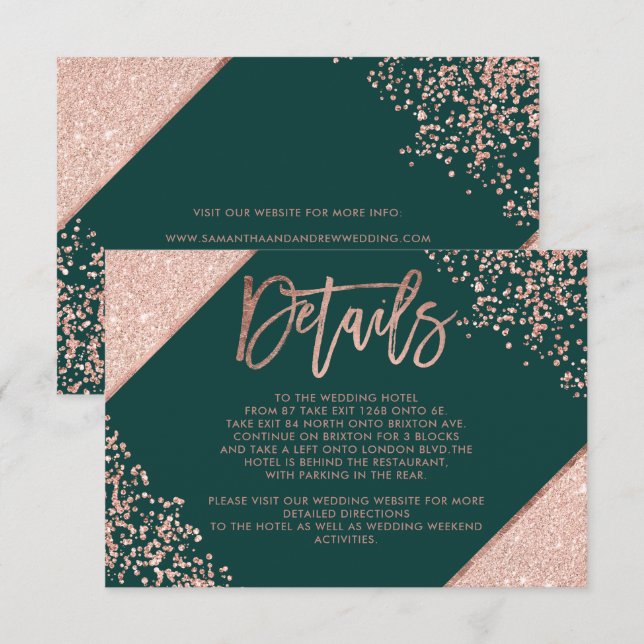 Rose gold green script wedding direction details enclosure card (Front/Back)