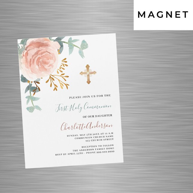 Rose gold greenery luxury first holy communion magnetic invitation (Creator Uploaded)