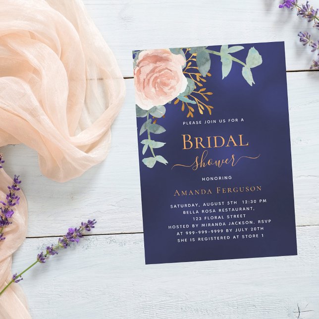 Rose gold greenery navy blue Bridal Shower Invitation (Creator Uploaded)
