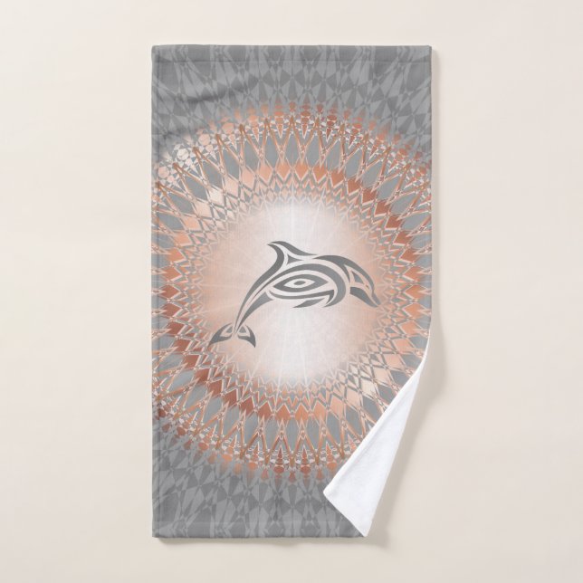 Rose Gold Grey Dolphin Mandala Hand Towel (Hand Towel)