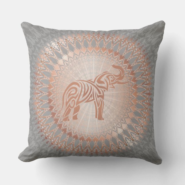 Rose Gold Grey Elephant Mandala Outdoor Pillow (Front)