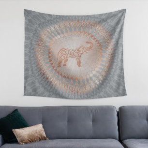 Rose Gold Grey Elephant Mandala Tapestry