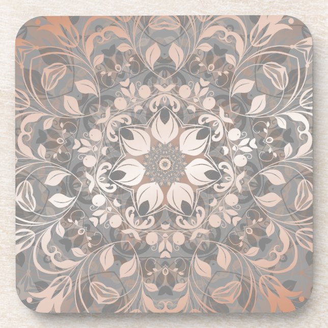 Rose Gold Grey Floral Mandala Coaster (Front)