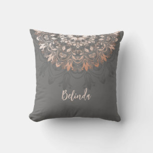Rose Gold  Grey Floral Mandala Monogram Throw Pillow