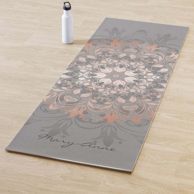 Rose Gold Grey Floral Mandala Monogram Yoga Mat (In Situ)