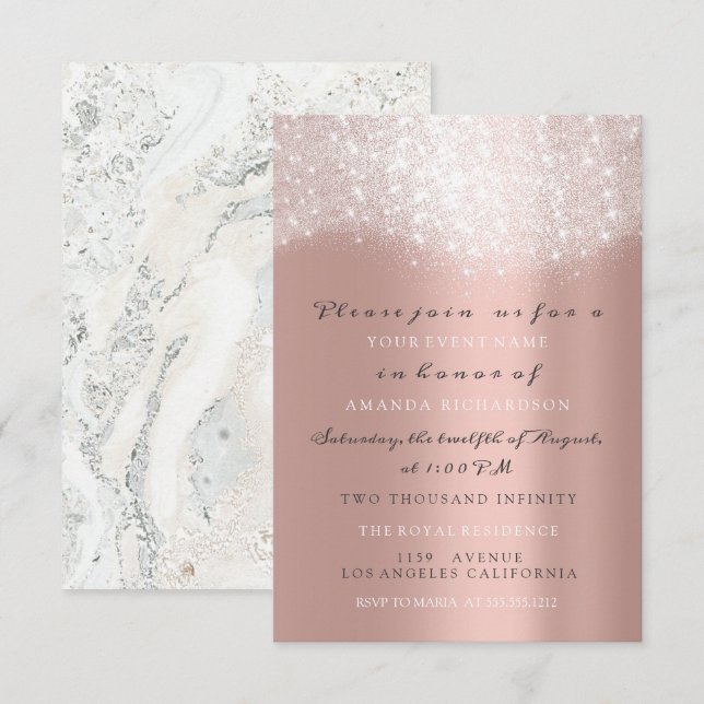 Rose Gold Grey Glitter Marble Confetti Elegant VIP Invitation (Front/Back)