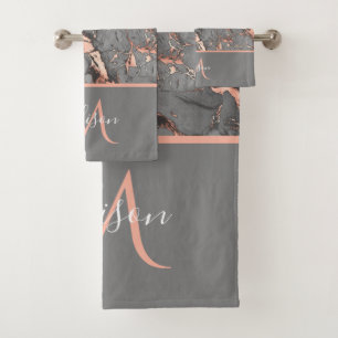 Rose Gold & Grey Marble Monogram Luxury Bath Bath Towel Set