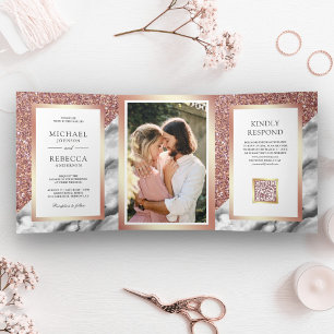 Rose Gold Grey Marble Photo QR Code Wedding Tri-Fold Invitation