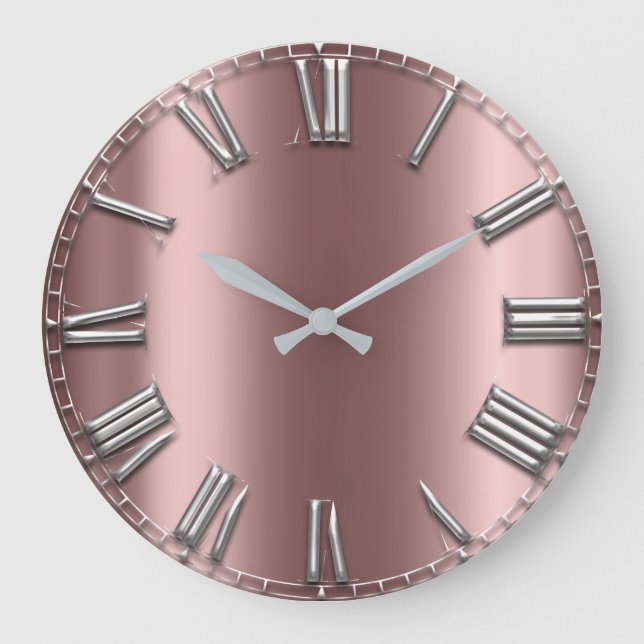 Rose Gold Grey Metal Blush Silver Roman Numbers Large Clock (Front)