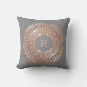 Rose Gold Grey Modern Mandala Monogram Throw Pillow