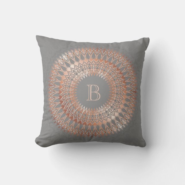 Rose Gold Grey Modern Mandala Monogram Throw Pillow (Front)