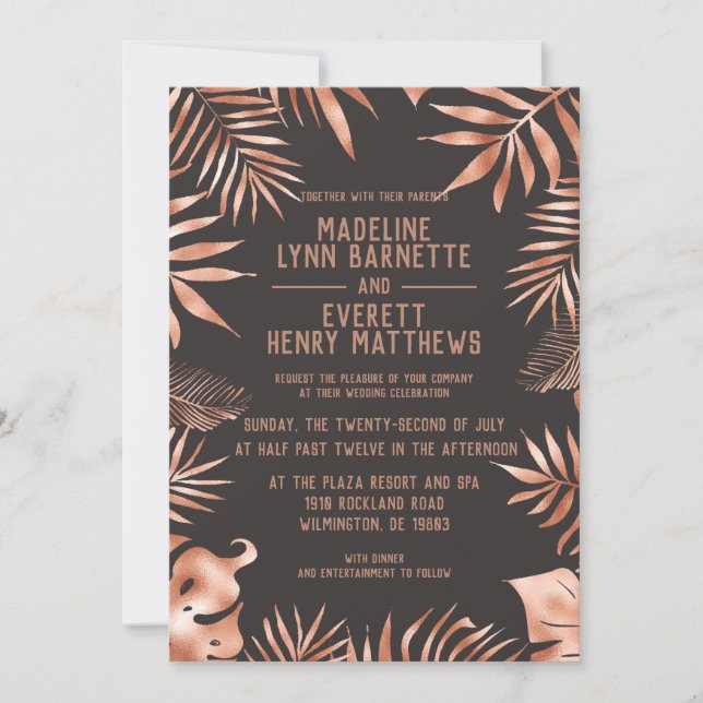 Rose Gold & Grey Palm Feuille Faire-part de mariag (Devant)