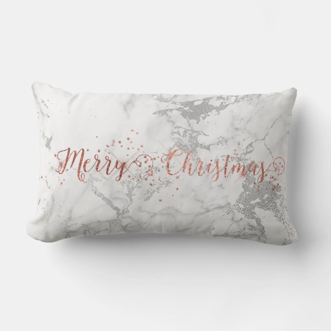 Rose Gold Grey Silver White Marble Merry Christmas Lumbar Pillow (Front)