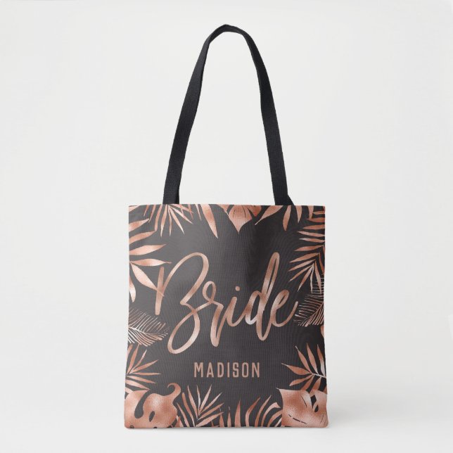 Rose Gold & Grey Tropical Palm Leaves Bride Tote Bag (Front)