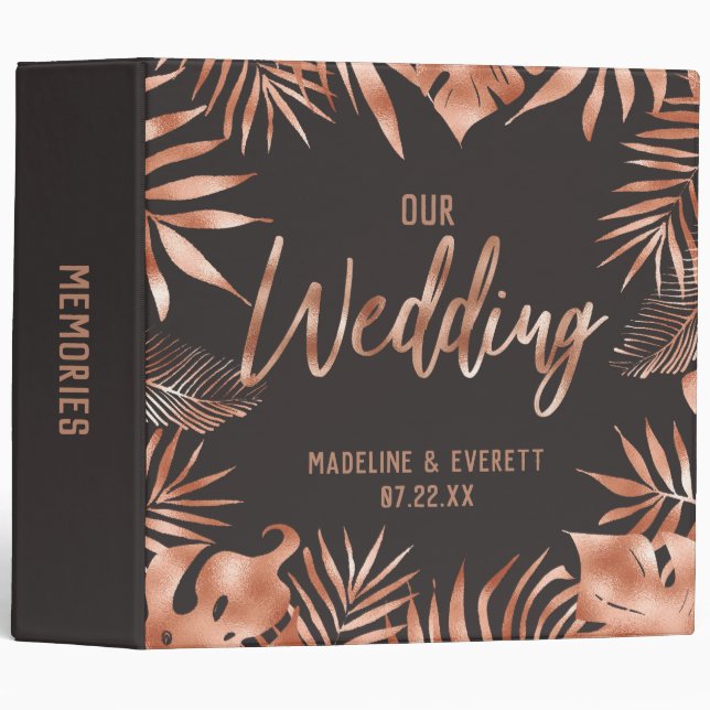 Rose Gold & Grey Tropical Palm Wedding Photo Album Binder (Front/Spine)