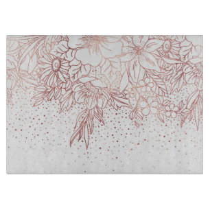 Rose gold hand drawn floral doodles and confetti cutting board