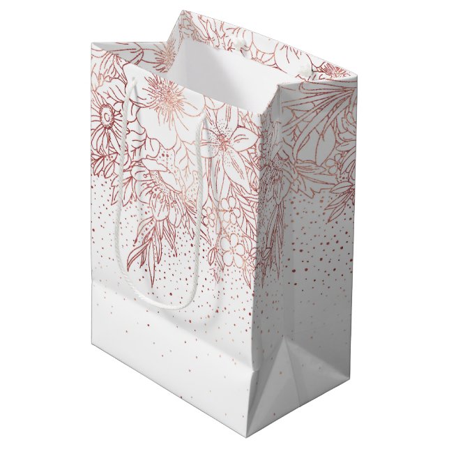 Rose gold hand drawn floral doodles and confetti medium gift bag (Front Angled)