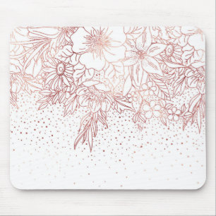 Rose gold hand drawn floral doodles and confetti mouse pad