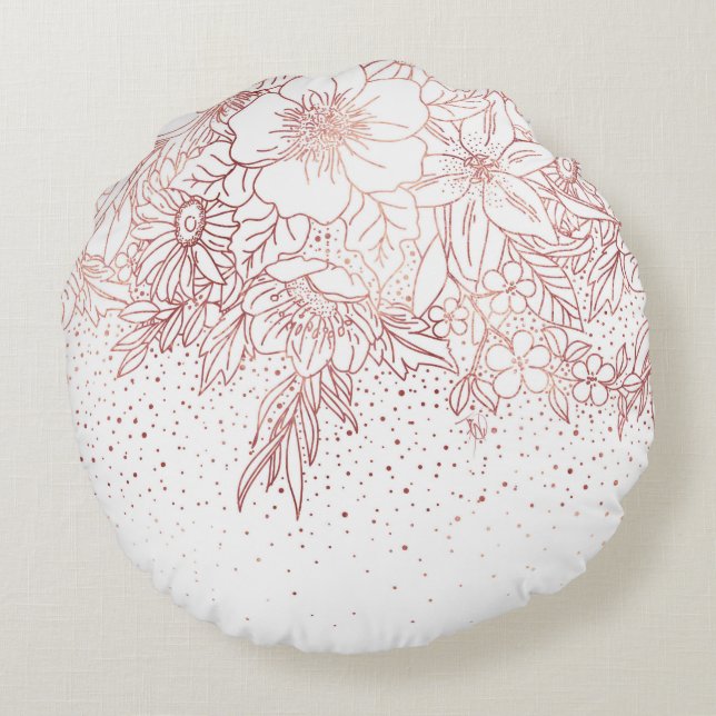 Rose gold hand drawn floral doodles and confetti round pillow (Back)