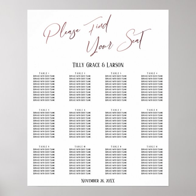 Rose Gold Handwriting Reception Seating Chart (Front)