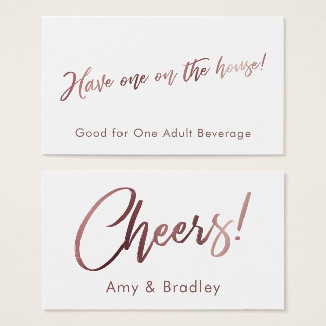 Rose Gold Handwriting Script & White Drink Tickets (Front & Back)