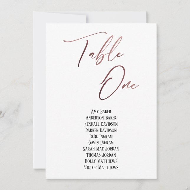 Rose Gold Handwriting Table One Seating Chart Card (Front)