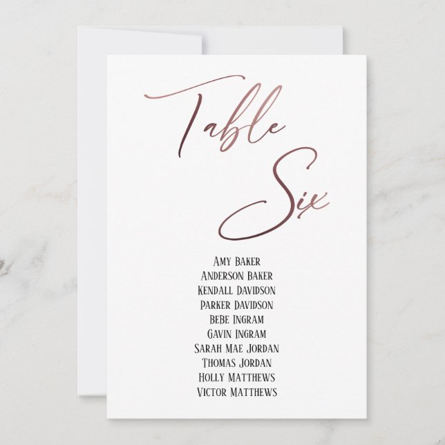 Rose Gold Handwriting Table Six Seating Chart (Front)