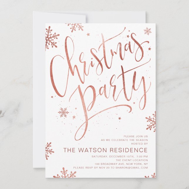 Rose gold handwritten calligraphy Christmas Party Invitation (Front)