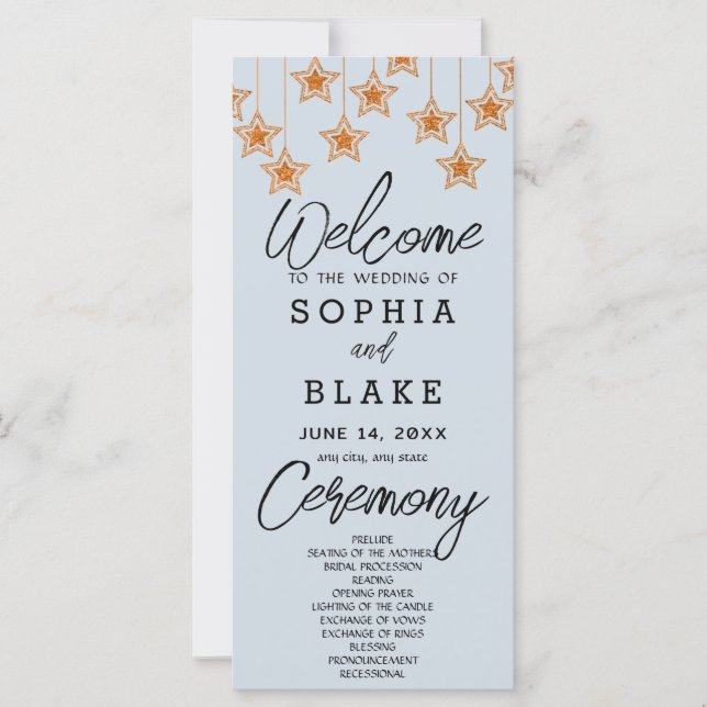 Rose Gold Hanging Stars Light Blue Wedding Program (Front)