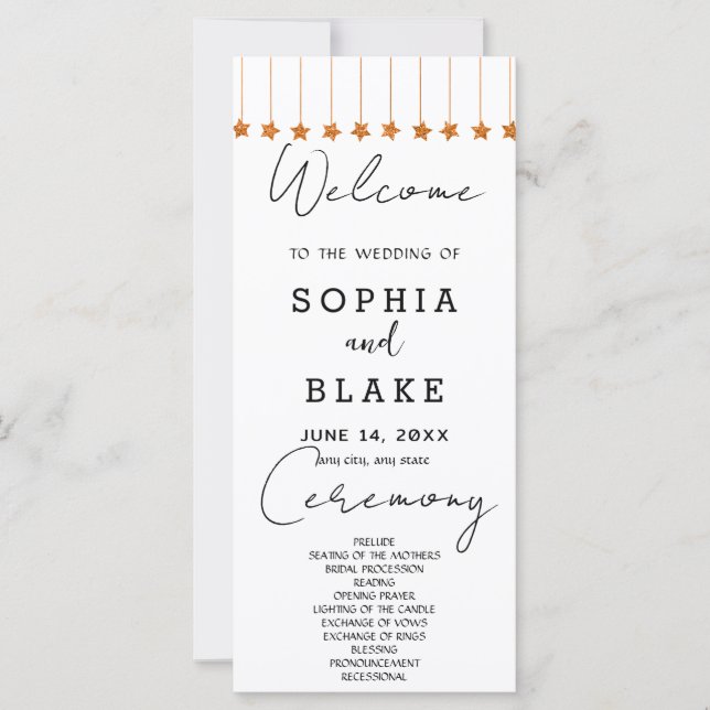 Rose Gold Hanging Stars White Wedding Program (Front)