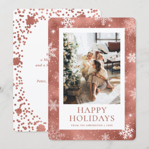 Rose Gold Happy Holidays Snowflake Snow Photo Holiday Card