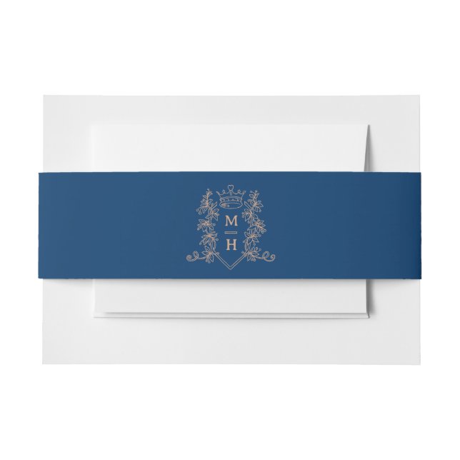 Rose gold heart crown monogram dark blue wedding invitation belly band (Front Example)