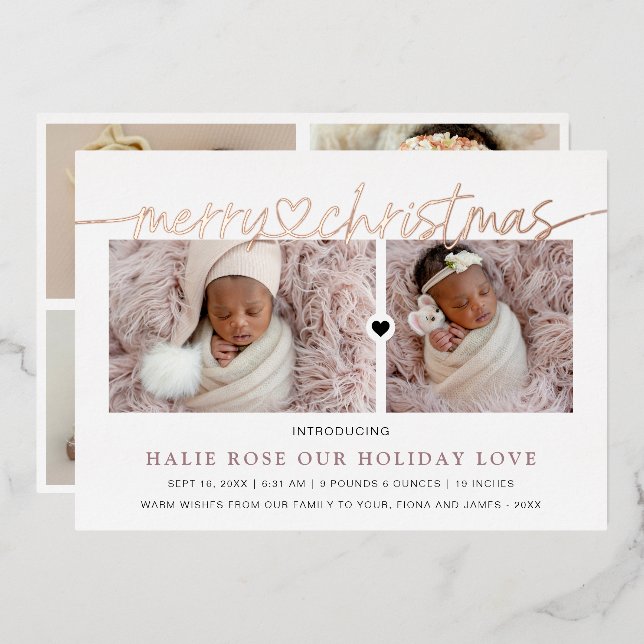 Rose Gold Heart Linked Merry Christmas Photos Foil Holiday Card (Front/Back)