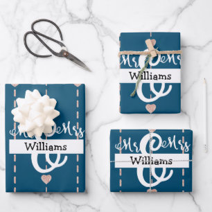Rose Gold Heart Pattern Mr & Mrs Name Wedding Blue Wrapping Paper Sheet
