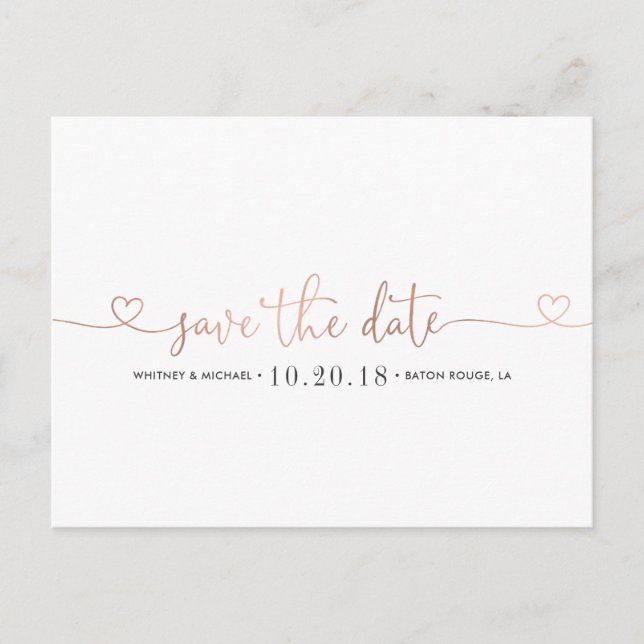 Rose Gold Heart Save the Date Announcement Postcard (Front)
