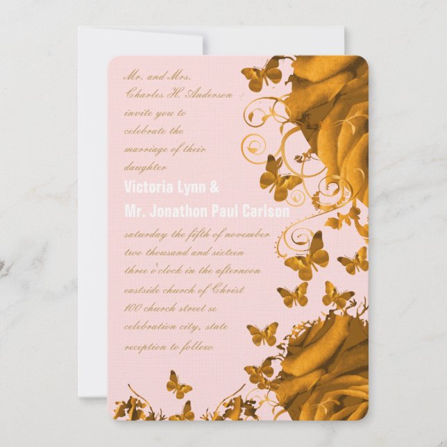 Rose Gold Hearts and Roses Wedding Invitation (Front)