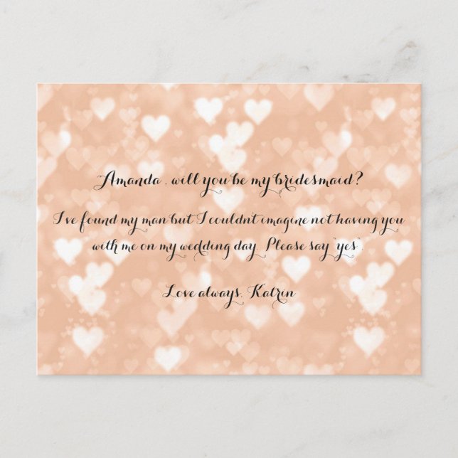 Rose Gold Hearts Blush Will You Be My Bridesmaid Invitation Postcard (Front)