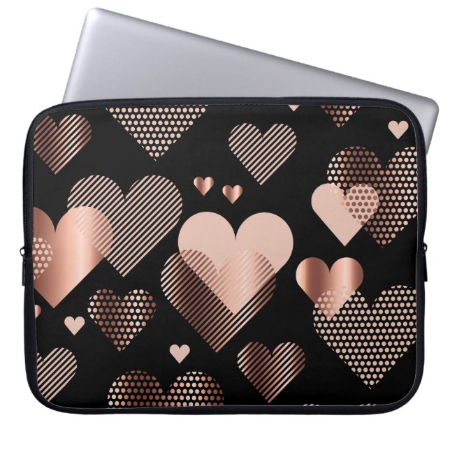 Rose gold hearts, vintage black. laptop sleeve (Front)