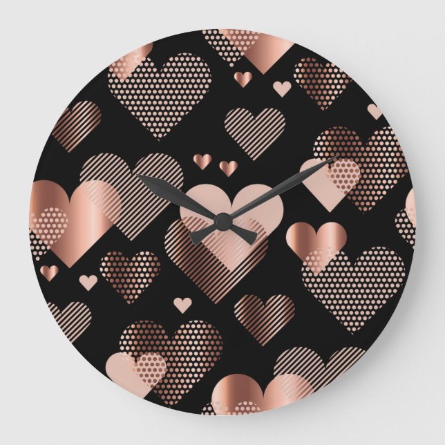 Rose gold hearts, vintage black. large clock (Front)