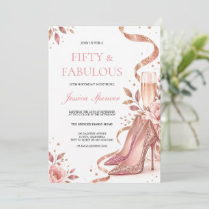 Rose Gold Heels Champagne Floral Birthday Invitation