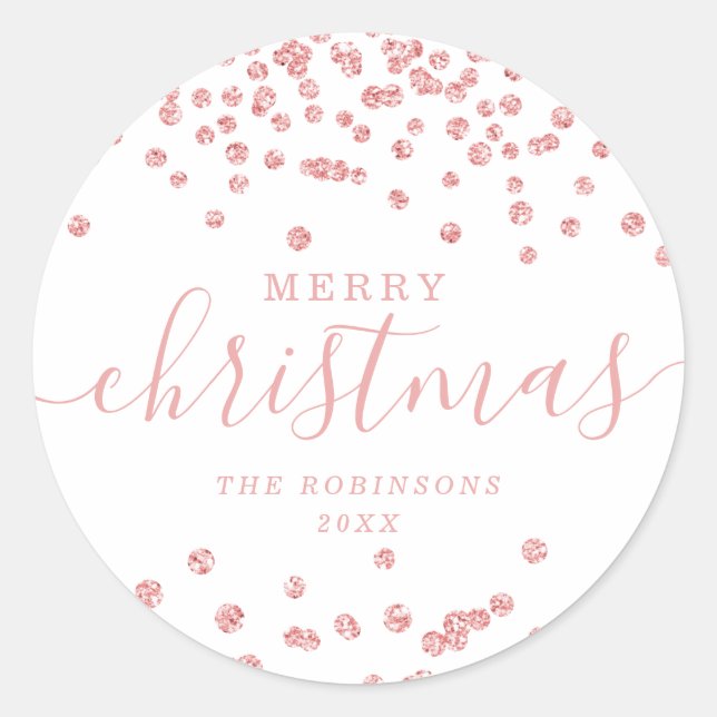 Rose Gold Holiday Christmas Glitter Confetti White Classic Round Sticker (Front)