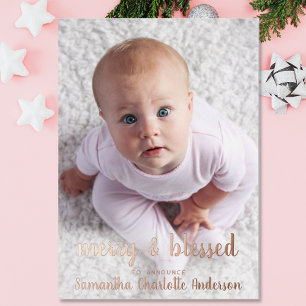 Rose Gold Holiday Photo Birth Announcement      