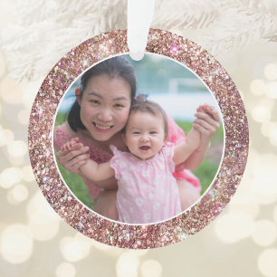 Rose Gold Holographic Glitter Circle Photo Ornament
