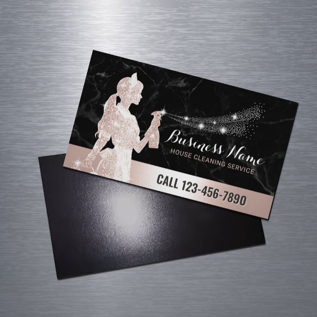 Rose Gold House Cleaning Black Marble Magnetic Business Card (Creator Uploaded)