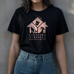 Rose Gold House Cleaning Services  T-Shirt<br><div class="desc">Modern cleaning services tshirt features cleaning equipment inside rose gold house icon,  name and title on the front on a black background. Perfect for domestic and industrial cleaning services.</div>