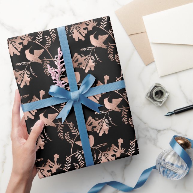 Rose Gold Hummingbird Pattern on Black Wrapping Paper (Gifting)