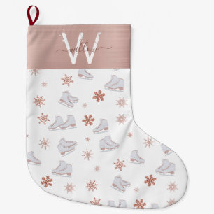 Rose Gold Ice Skates Blush Pink Skating Monogram Large Christmas Stocking