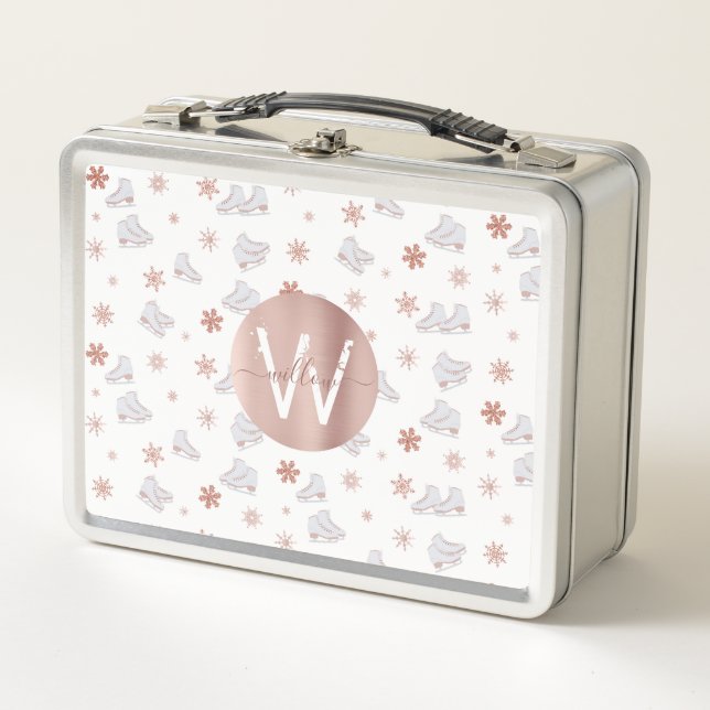 Rose Gold Ice Skates Blush Pink Skating Monogram Metal Lunch Box (Front)