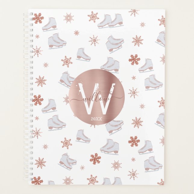 Rose Gold Ice Skates Blush Pink Skating Monogram Planner (Front)