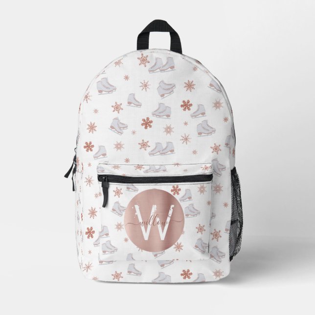 Rose Gold Ice Skates Blush Pink Skating Monogram  Printed Backpack (Front)